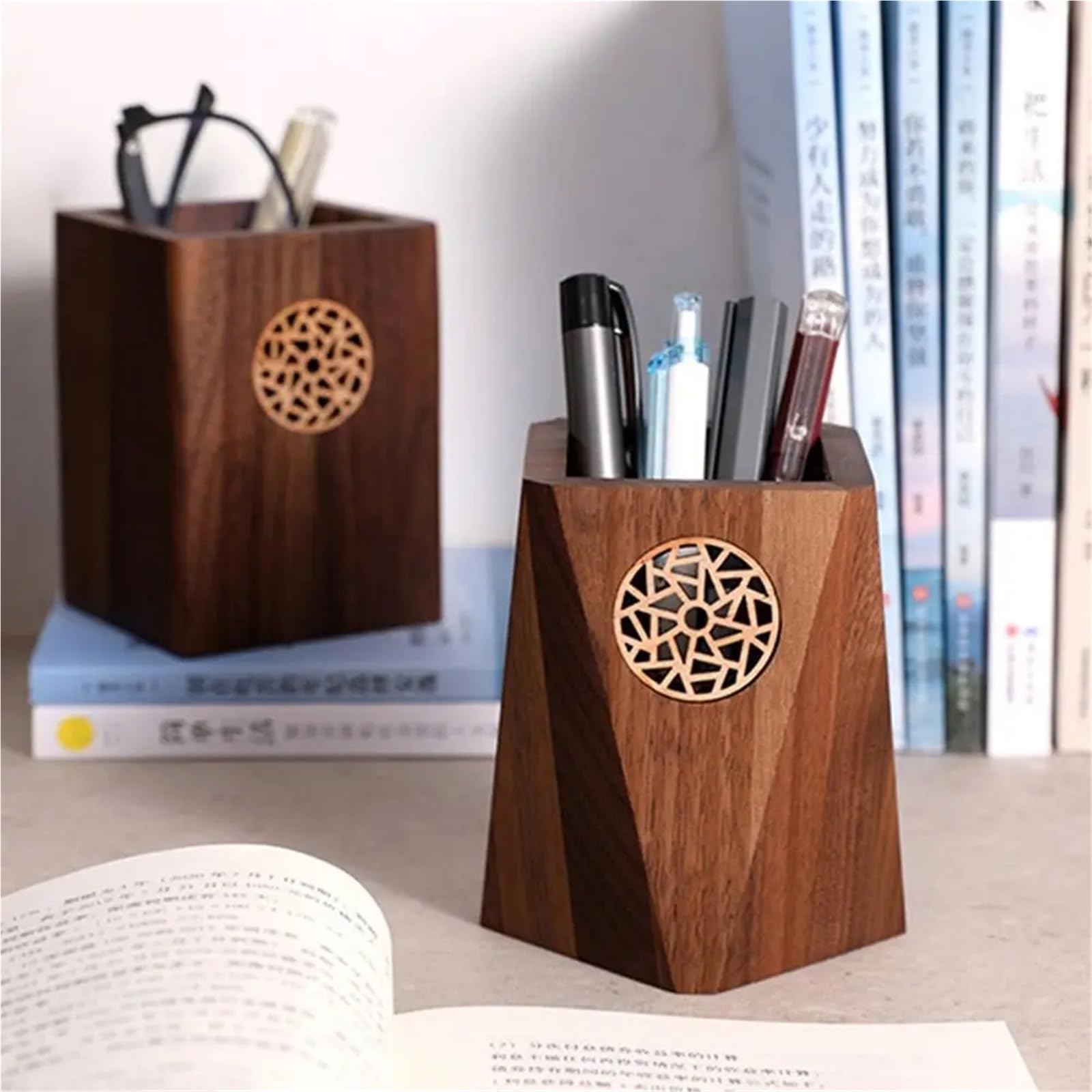 Mehrzweck-Stiftehalter aus Holz, schwarzer Nussbaum, Vintage-Bleistiftbox, praktische Stiftaufbewahrung, Becher, Schreibtischzubehör Für Schule,Zuhause(Square)