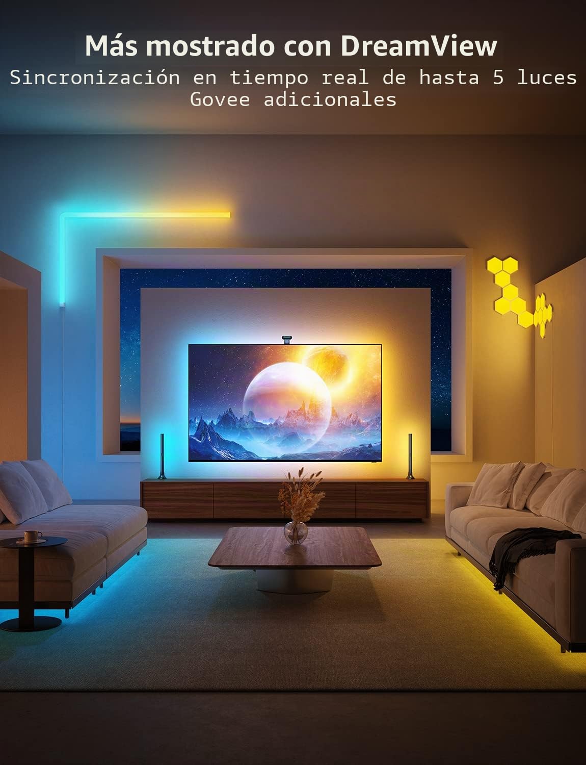 Govee Retroiluminación de TV Envisual T2 con cámara dual para televisores de 75 a 85 pulgadas y PC, tira de LED RGBIC WiFi compatible con Alexa y Google Assistant cuentas de luz doble para decoración