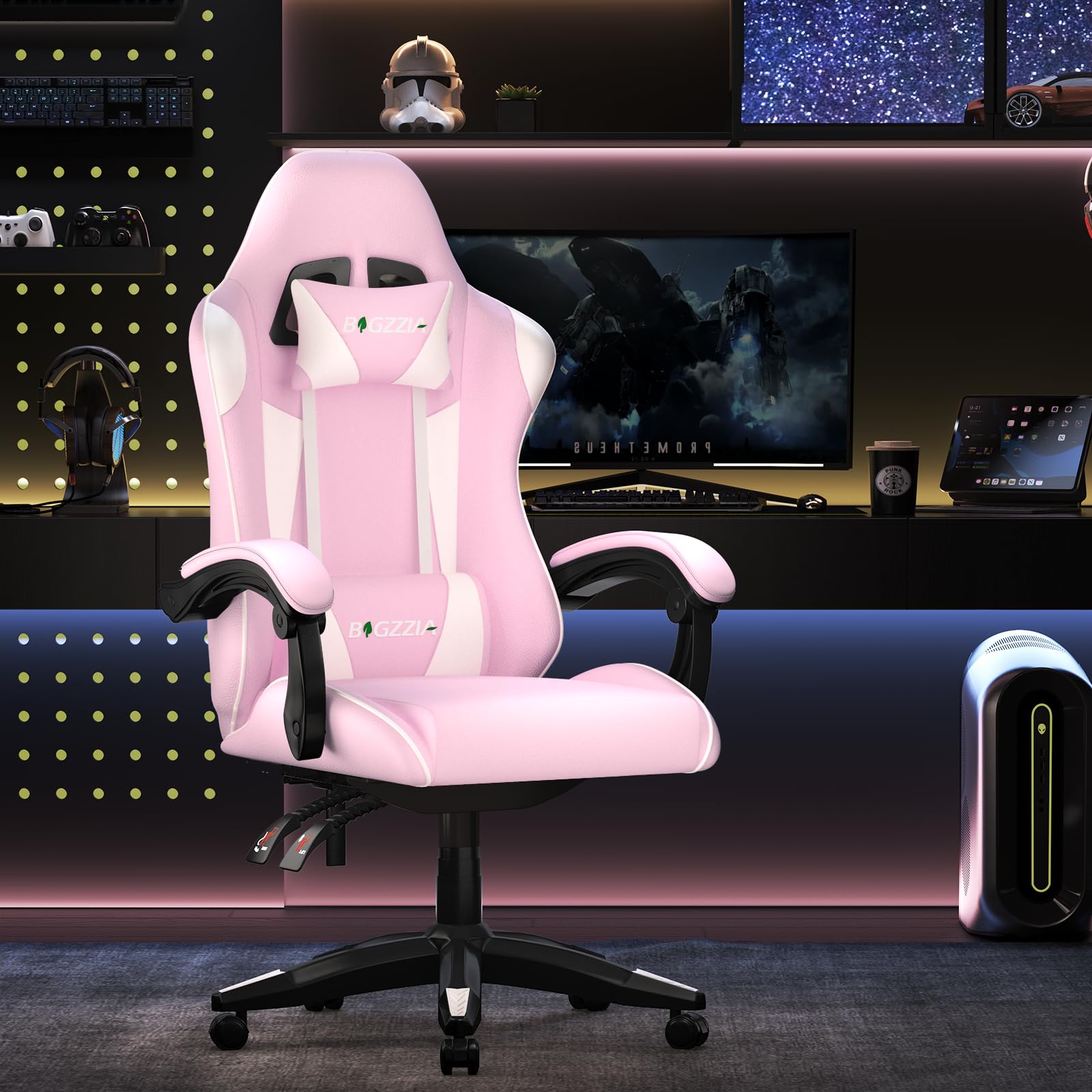 bigzzia Silla Gaming,Silla Ergonómica de Oficina en Cuero PU,Regulable en Altura con Soporte Lumbar y Reposacabezas,Respaldo Reclinable 155°,Silla Gamer Adulto Niño(Rosado)