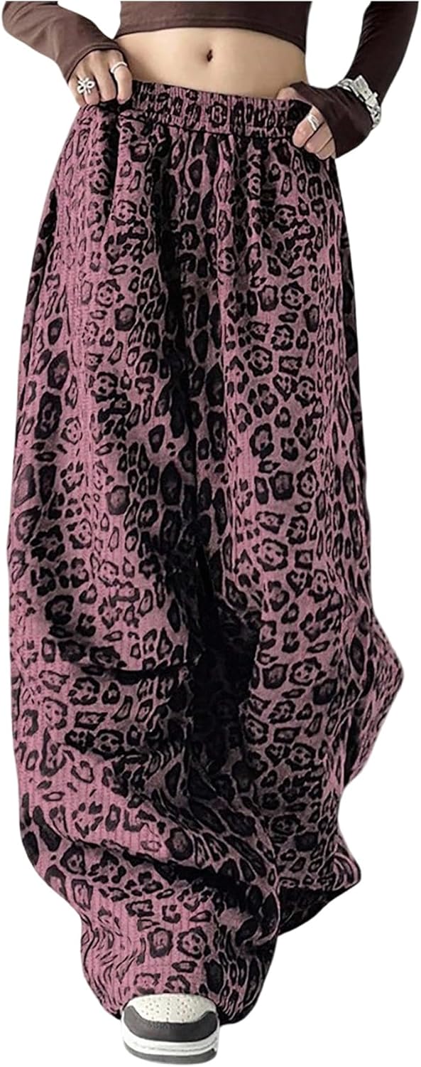SHENHE Women's Leopard Print Baggy Pants Y2k Wide Leg Low Rise Elastic Waist Loose Trousers