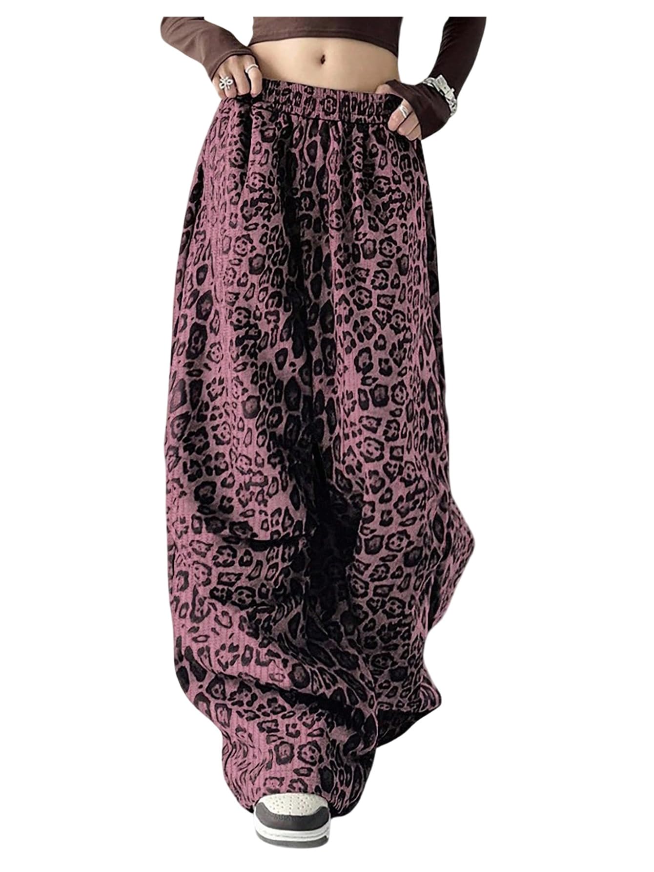 SHENHE Womens Leopard Print Baggy Pants Y2k Wide Leg Low Rise Elastic Waist Loose Trousers