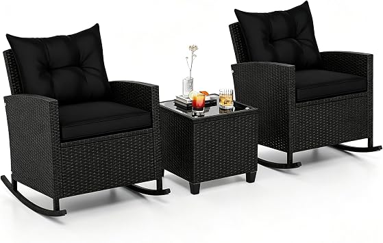 ORALNER 3 Pieces Patio Rocking Chair, Black Wicker Bistro Set Black
