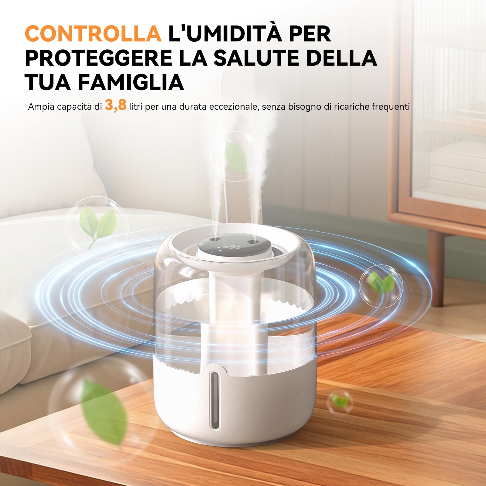 Umidificatore Ambiente Bambini | Umidificatore 3.8L Ultra Silenzioso 36dB, Diffusore Oli Essenziali, Top-Fill, Luce Notturna, Auto Spegnimento per Casa, Ufficio, Neonati e Piante, Bianco