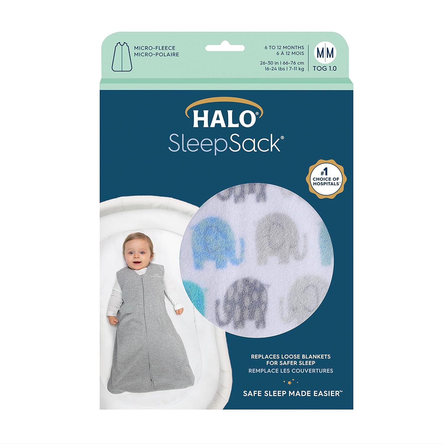 HALO Sleepsack, Micro-Fleece Wearable Blanket, Swaddle Transition Sleeping Bag, TOG 1.0, Elephant Texture, Large, 12-18 Months : Baby