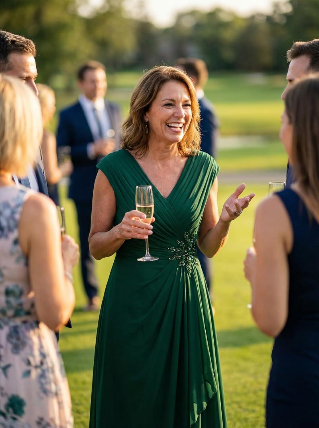 Chiffon V Neck Mother of Brides Dress for Wedding Pleated Cap Sleeves Empire Waist Formal Evening Gowns for Women