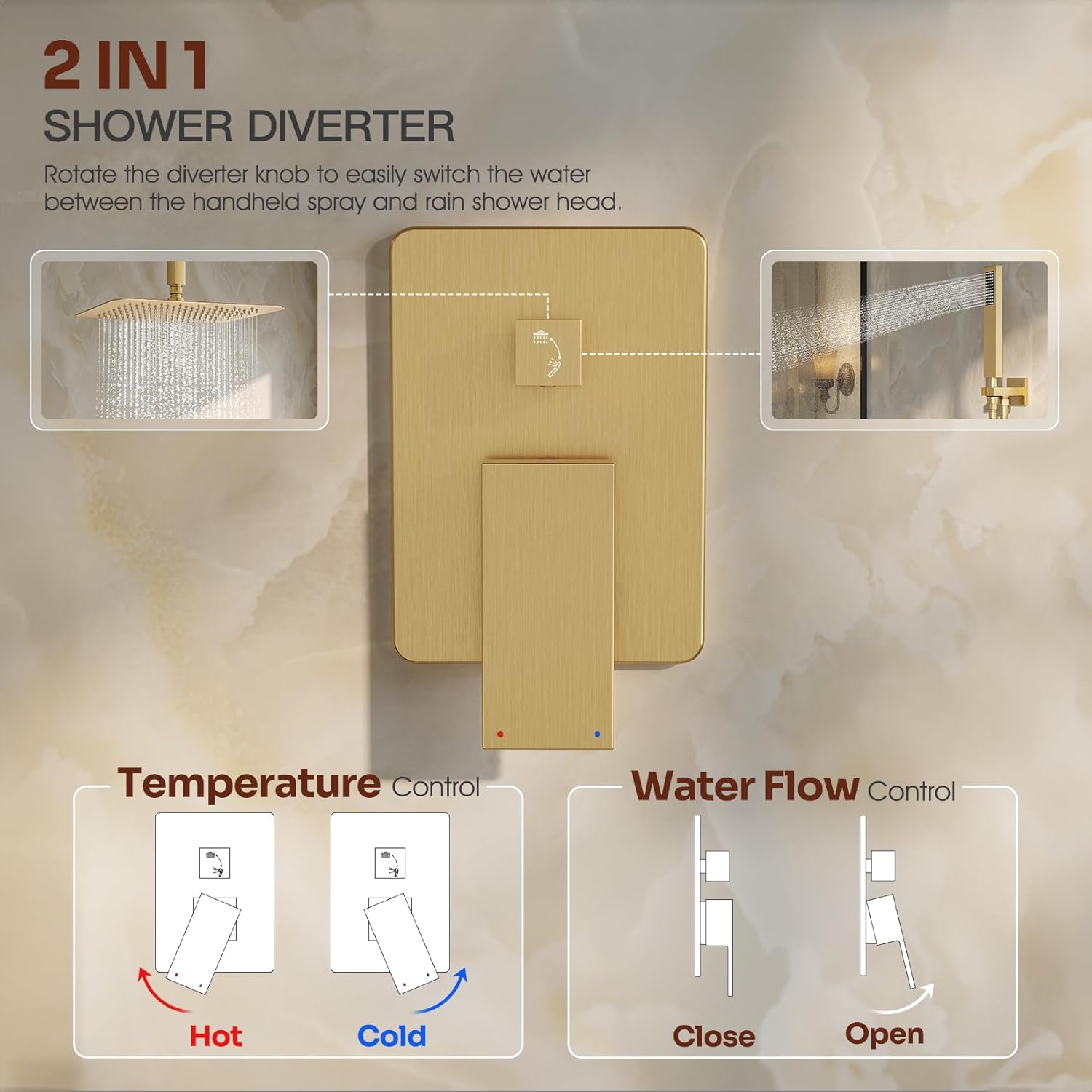 Ceiling Mount Shower Faucet Set, Gold Shower System with 10-Inch Rain Showerhead and Handheld Spray Combo, High-Pressure Showerheads Set with Valve and Trim Kit, Brushed Gold