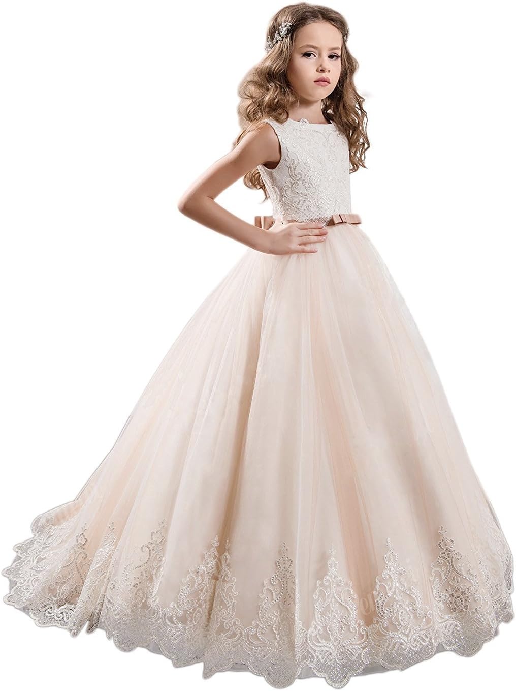 KissAngel Ivory Long Lace Flower Girl Dresses Champagne Less Party Dress (3, Ivory &Champagne)