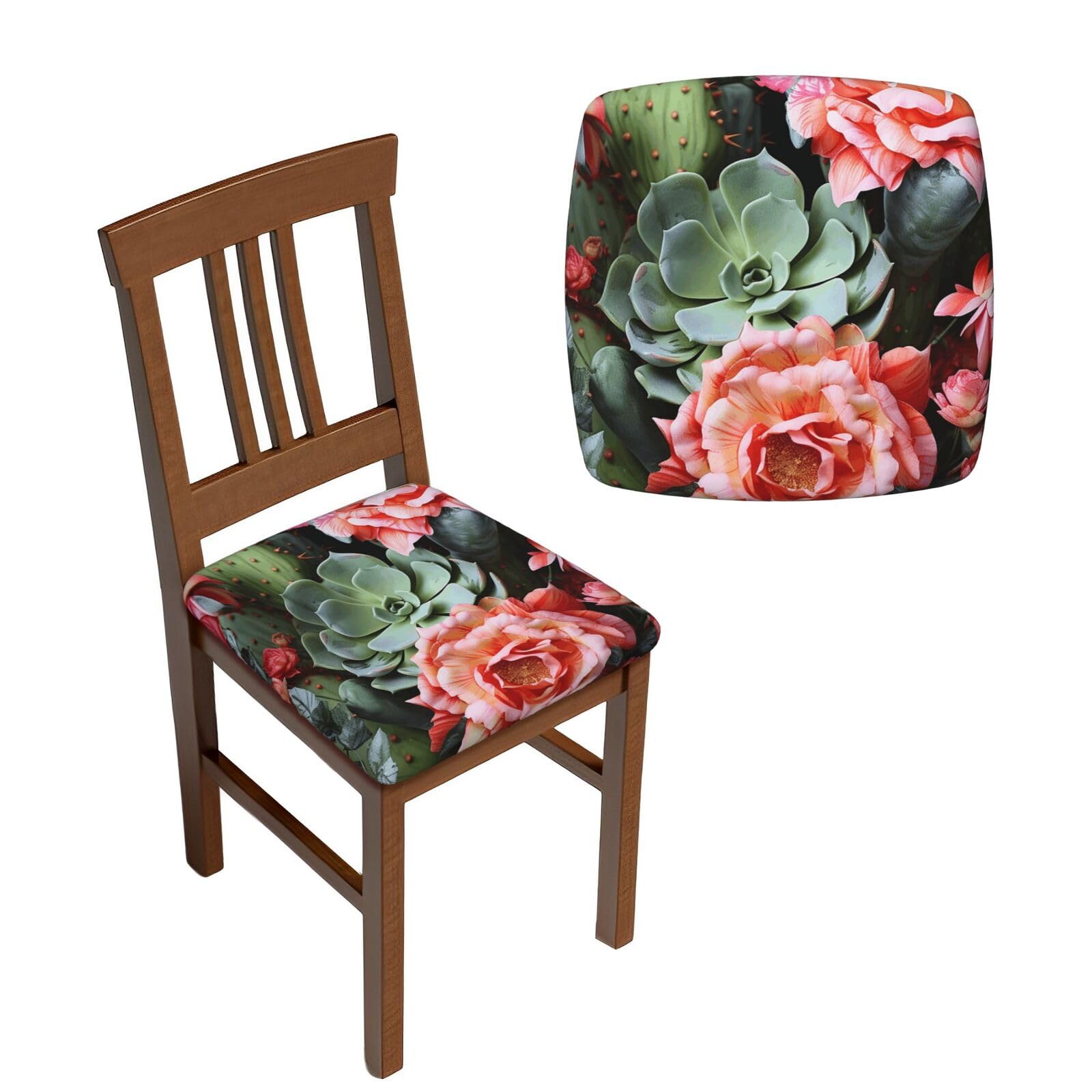 FodPand 6PCS Dining Chair Covers for Dining Room Roses Flowers and Cactus Chair Seat Cover Stretch Parsons Chair Slipcover Removable Washable Seat Cushion Slipcovers Cover for Kitchen Office