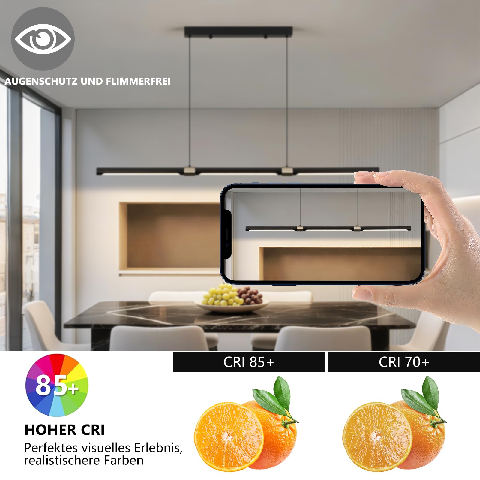 Esstisch Pendelleuchte Schwarz, 100cm 35W Led Hängeleuchte Mit Fernbedienung Dimmbar, Hängelampe Linear Design Hängend Esszimmerlampe Höhenverstellbar (100cm)