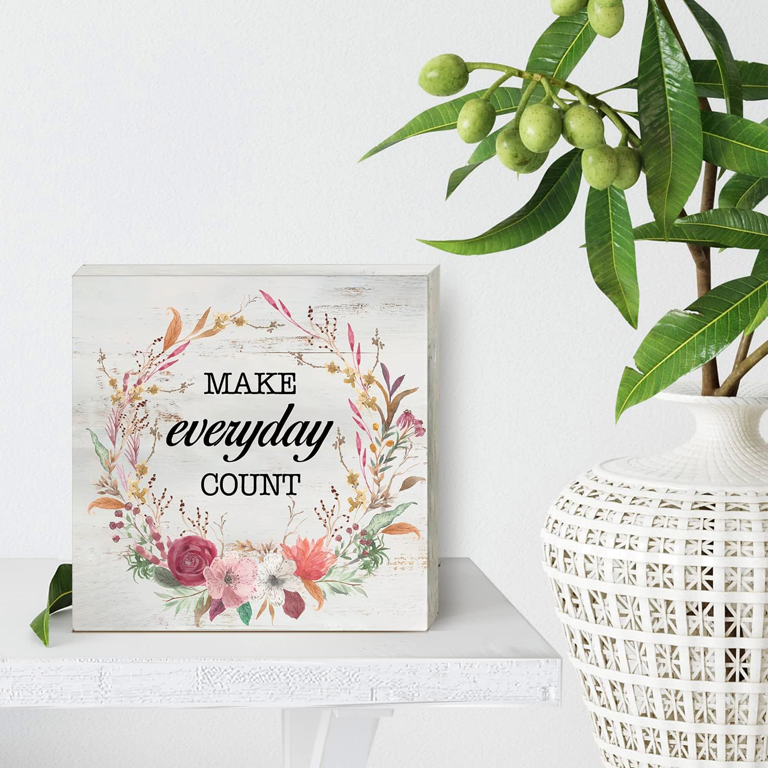 Inspirational Make Everyday Count Wood Box Sign Decor Rustic Motivational Quote Saying Wooden Box Sign Block Plaque for Wall Tabletop Desk Home Office Decoration