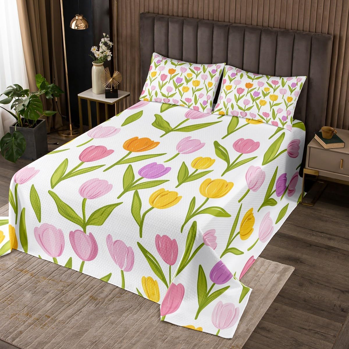 Erosebridal Tulips Flowers Coverlet Sets Pastel Plants Flowers Bedspread Sets Queen Size for Kids Boys Girls,Colorful Tulips Spring Botanical Quilt Set Green Leaves Floral Bed Set