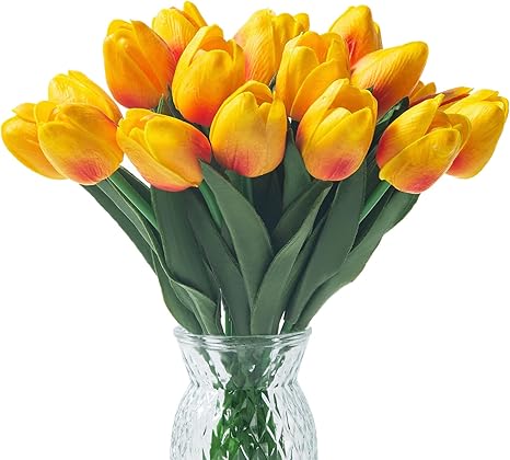 Amazon Com Wjlw 18 件人造鬱金香橙花真實觸感適用於情人節婚禮復活節假花適用於家居裝飾人造花餐桌中央裝飾適用於餐廳