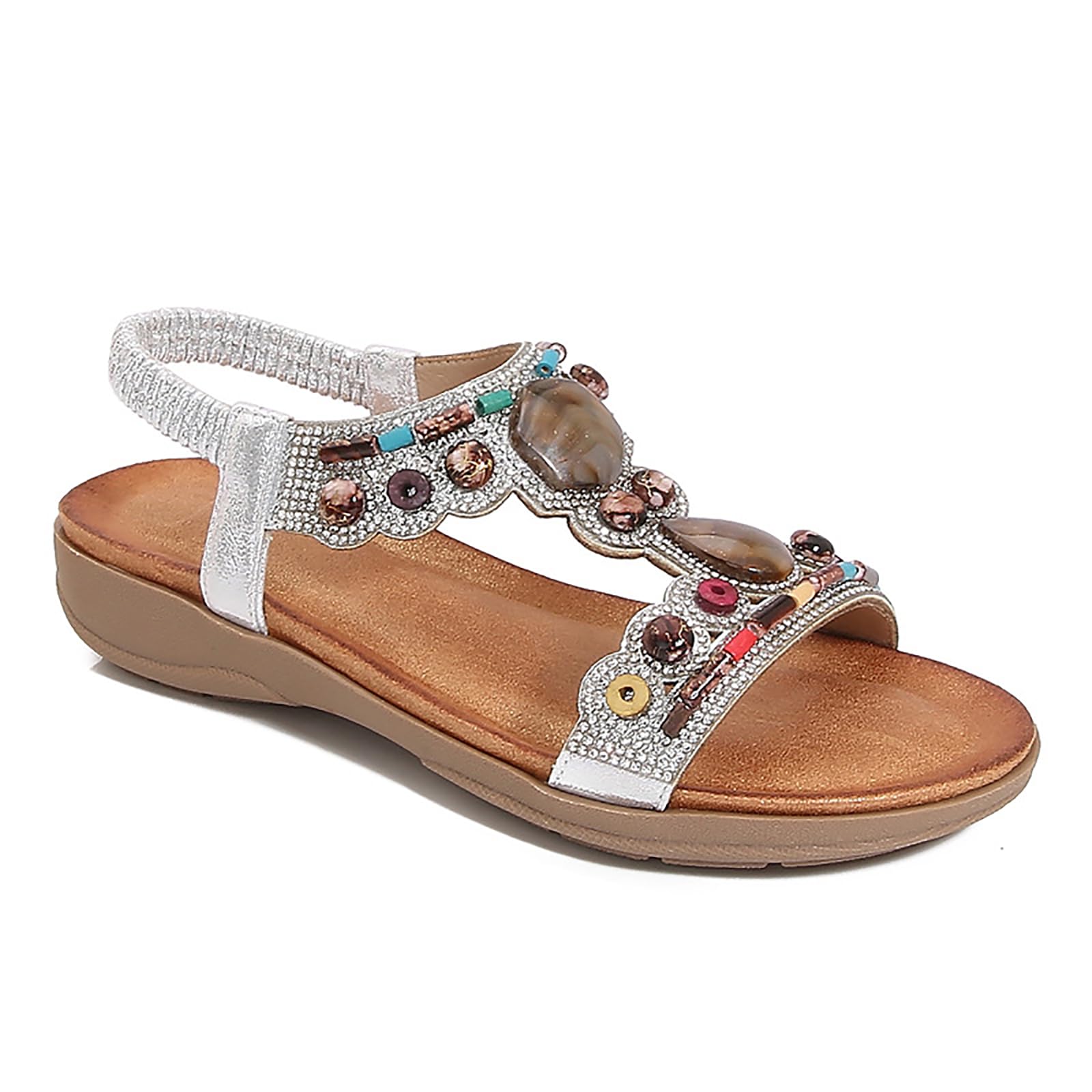 Sandals Women's Leisure Sandals with Rhinestone Beads Bohemia Beach Shoes Casual Ankle Elastic Summer Outdoor Holiday Flat Shoes