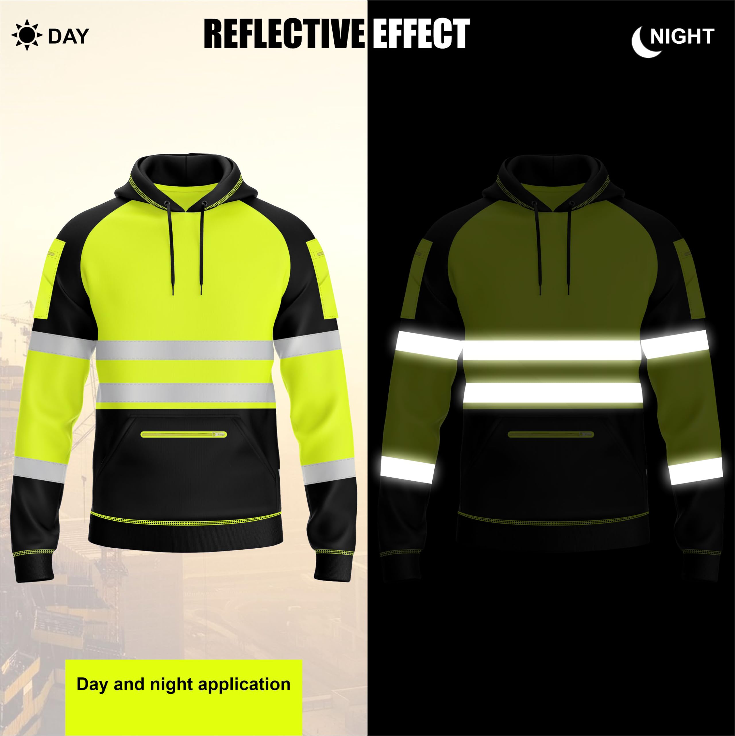 Mens Hi Vis 2 Tone Yellow Orange Sweatshirt Reflective Tape Band 3 Zips Patched Pull Over Security Work Wear Hoodie S-2XL