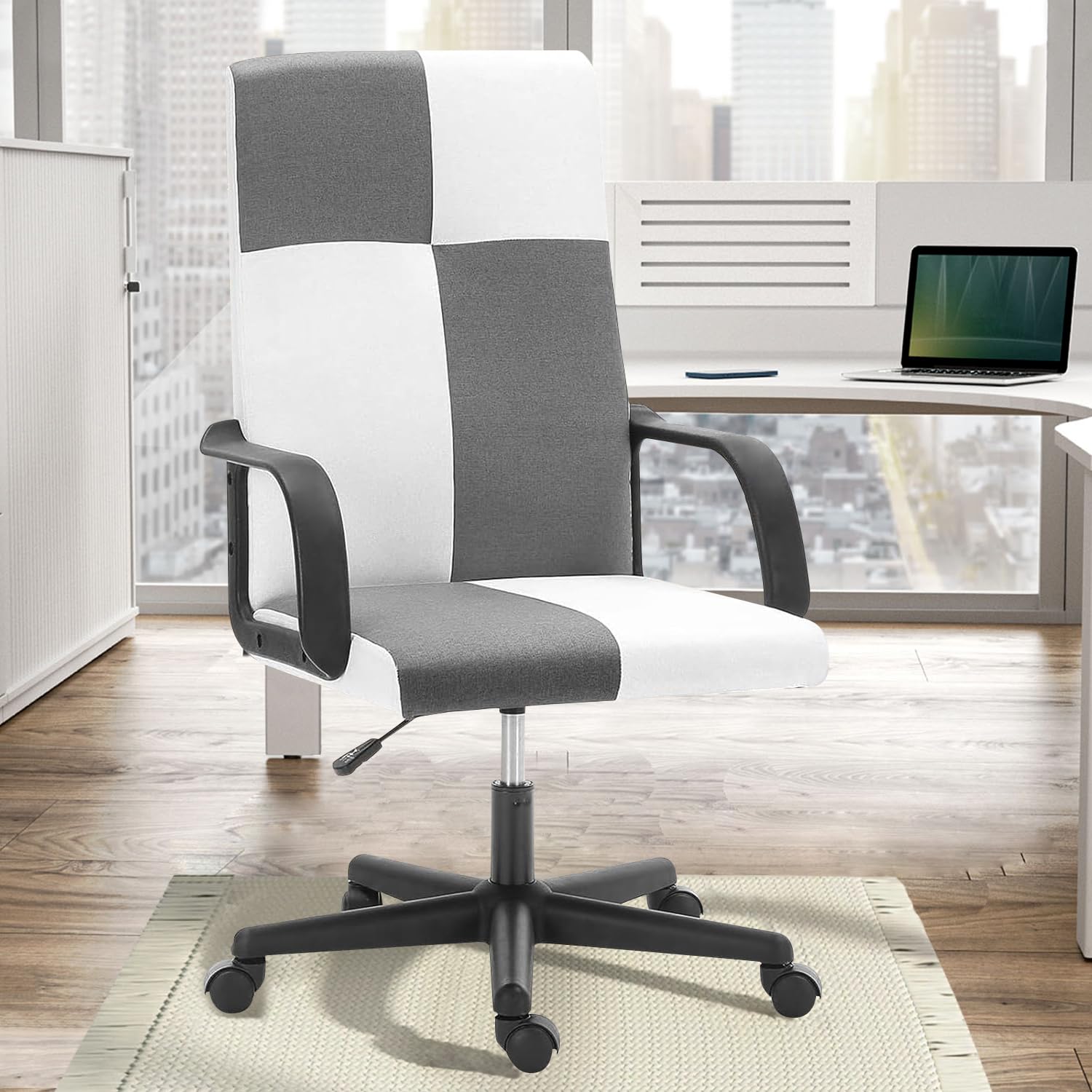 Photo 1 of Office Chair, Computer Desk Chair, Ergonomic Fabric Swivel Home Office Study Chair, Adjustable High Back Task Chair with Armrests and Rolling Wheels, White/Light Grey