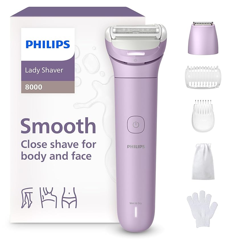 Philips Lady Shaver Serie 8000 - Rasoio senza filo, Wet & Dry, sistema di rasatura a 3 lame, testina di rasatura flessibile, luce LED, per corpo, gambe e zona bikini, modello BRL149/00