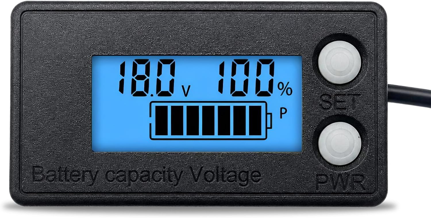 Waterproof Battery Monitor, DC 8-100V Auto Battery Power Percentage Monitor with LCD Display, Batteries Capacity Tester Gauge Compatible with Car RV Marine, Car Accessories (Blue)