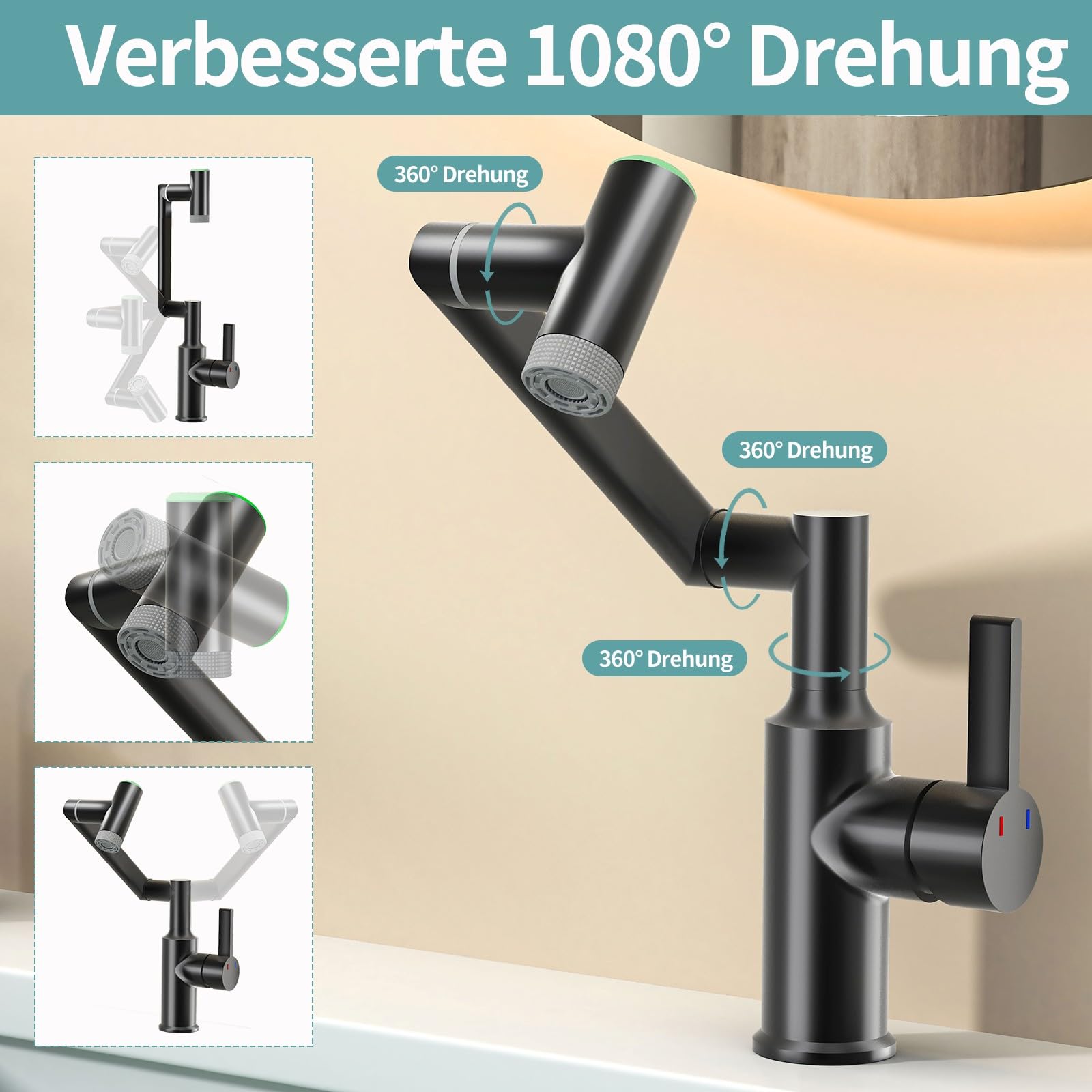 Einloch Waschtischarmatur mit Temperaturanzeige (Schwarz) | Einhand Armatur Badezimmer, 1080° schwenkbare Badarmatur Waschbecken mit 2 Auslaufmodi hochwertige Waschbeckenarmatur
