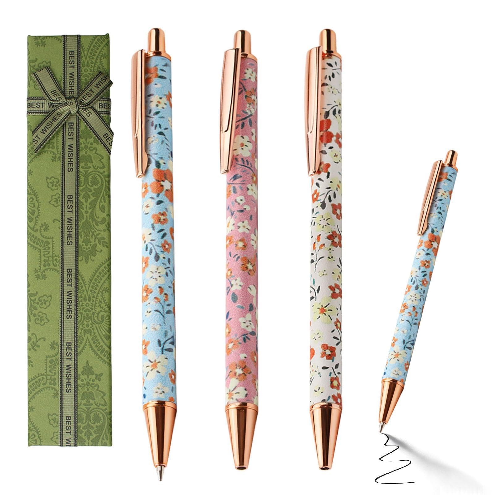 3PCS Floral Ballpoint Pens with Elegant Box, 1.0mm Metal Black Ink Retractable Ballpoint Pens Set, Art Flower Smooth Writing Ball Point Pen for Kids Back to School Graduation Thanks Teachers Gifts