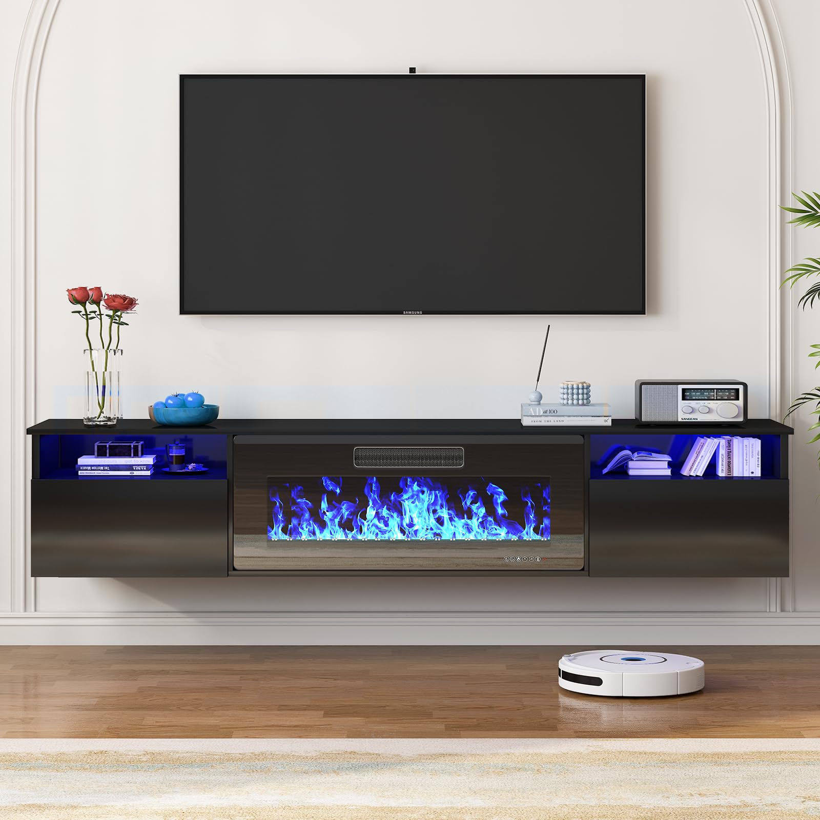 TABU 80" Floating TV Stand with 36" Electric Fireplace Heater, High-Glossy Entertainment Center& Media Console with LED Ambient Light, for TVs Up to