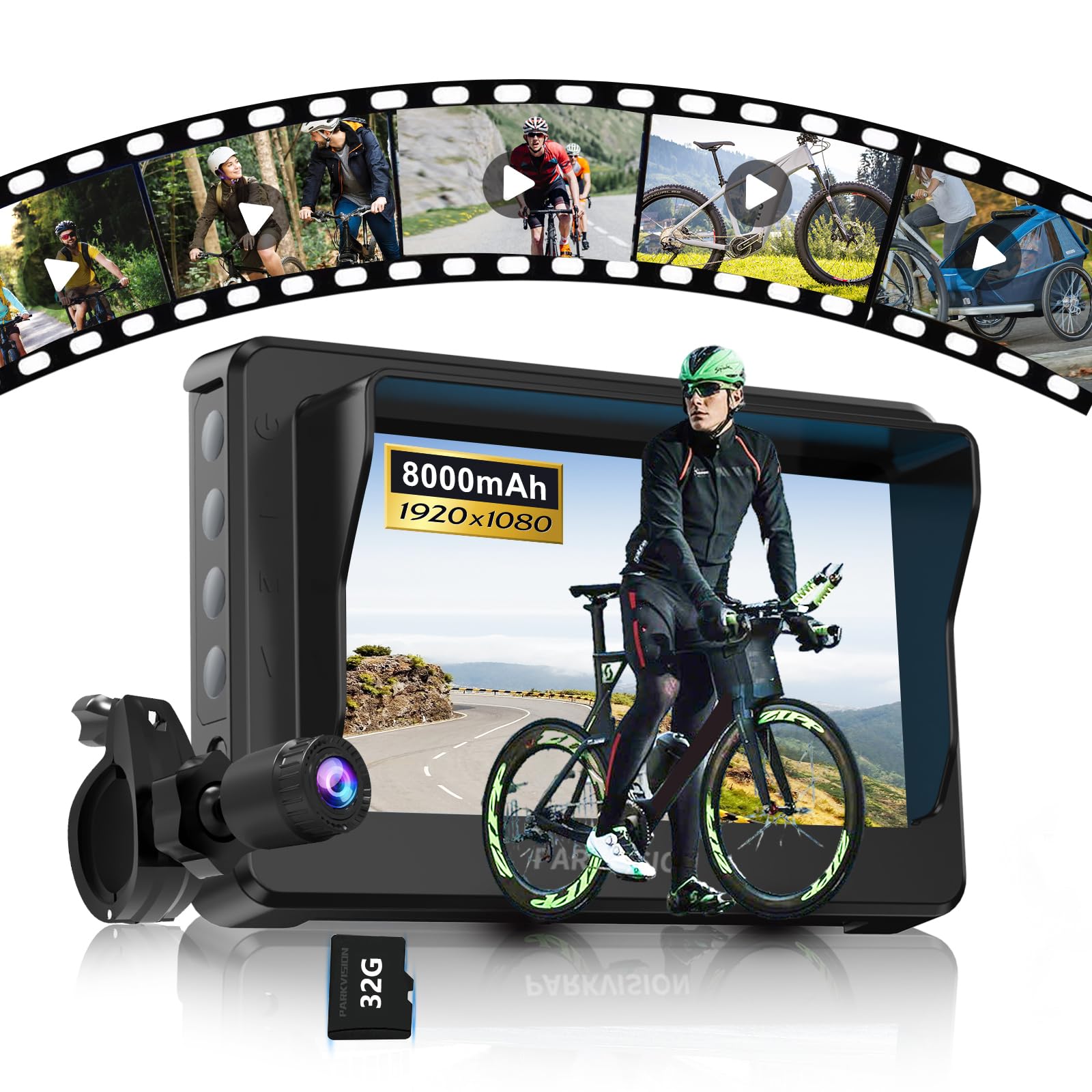 PARKVISION Kit specchietto per bicicletta da 10,9 cm, telecamera posteriore 1080p con registrazione in loop e obiettivo grandangolare, batteria da 8000 mAh, adatta per biciclette elettriche/mountain