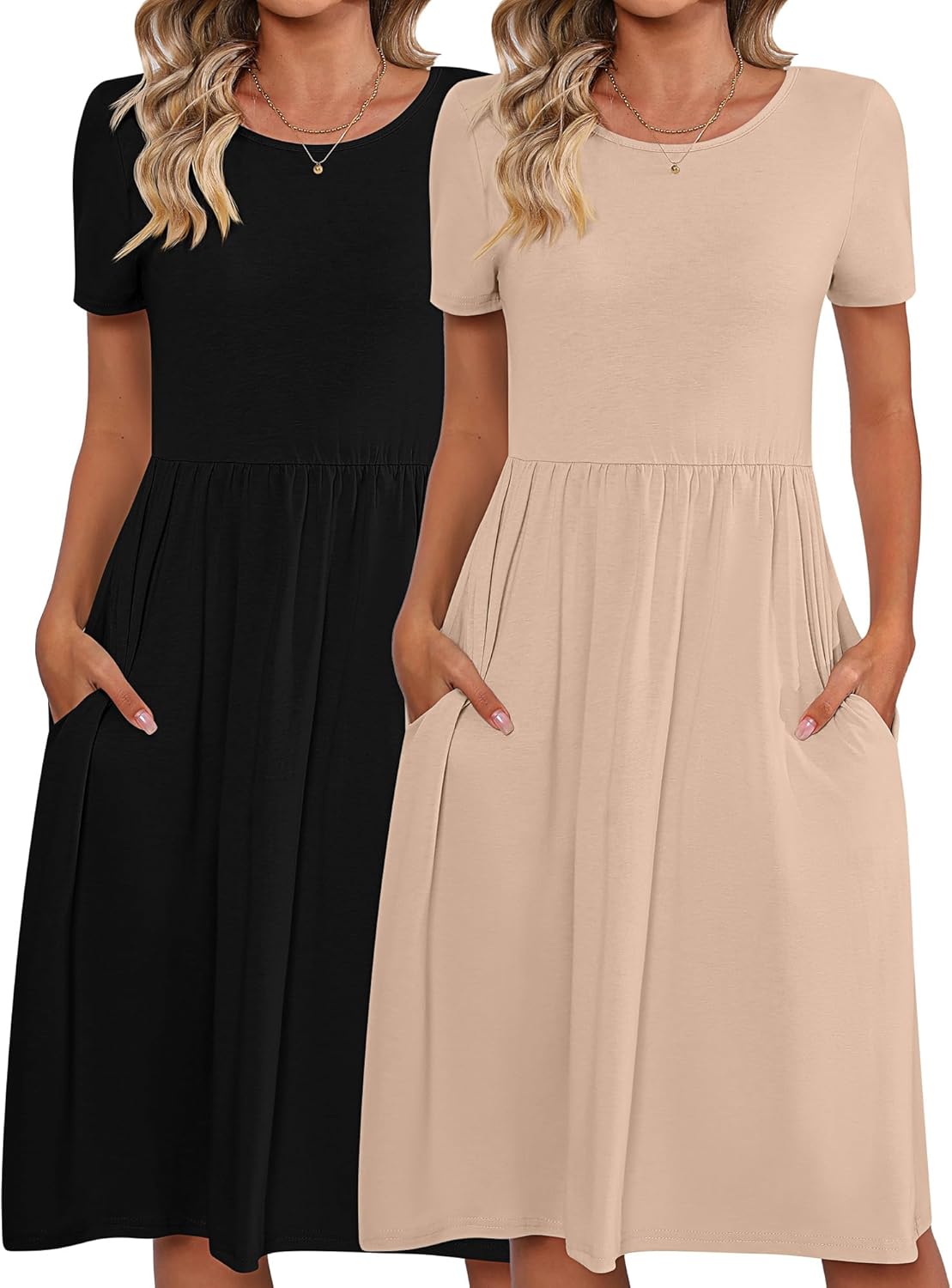 Riyiper 2 Pack Women Short Sleeve Dresses, Loose Fit Casual T Shirt Dress, Ladies Knee Length Swing Dress with Pockets