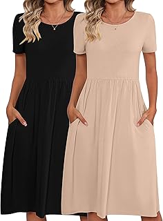 2 Pack Women Short Sleeve Dresses, Loose Fit Casual T Shirt Dress, Ladies Knee Length Swing Dress with Pockets - Buy now