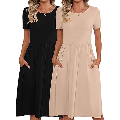 2 Pack Women Short Sleeve Dresses, Loose Fit Casual T Shirt Dress, Ladies Knee Length Swing Dress with Pockets