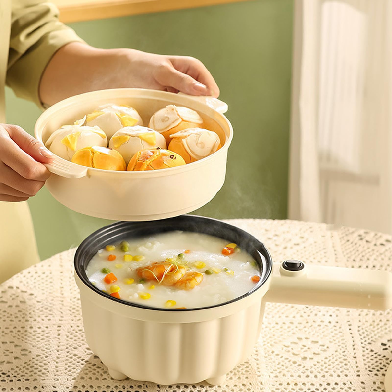 Multicuiseur électrique,Petite Poêle électrique,2L Marmite électrique en Antiadhésif,Marmite Hot Pot Électrique portable de voyage,avec cuiseur vapeur,pour Steak,Soupe,œufs,Nouilles (Style 2)