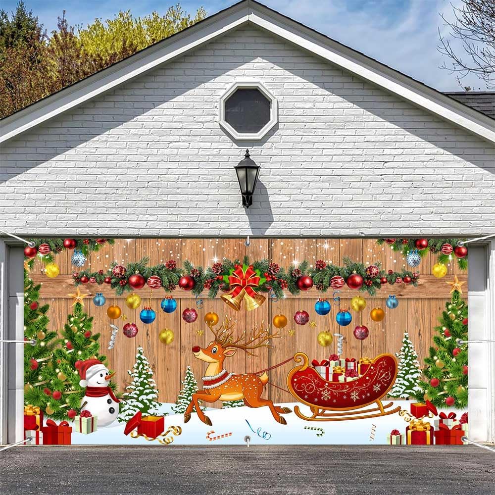 素朴なクリスマスガレージドアバナーカバー 大きな木製テクスチャ背景 雪だるまギフトデザイン ガレージドア装飾バナー 冬 屋内 屋外