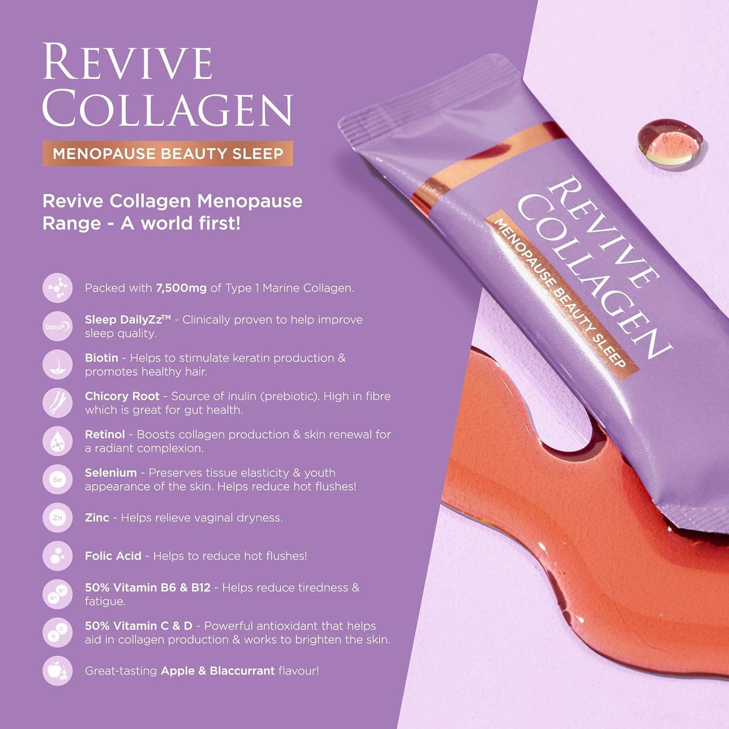 Revive Collagen Menopause Beauty Sleep — Hydrolyzed Marine Collagen Drink for Women, 7,500MG, Zinc, Chicory Root Fiber, Vitamin D & K, Supports Sleep Quality, Apple & Blackcurrant Flavour — 14 Sachets - Image 4
