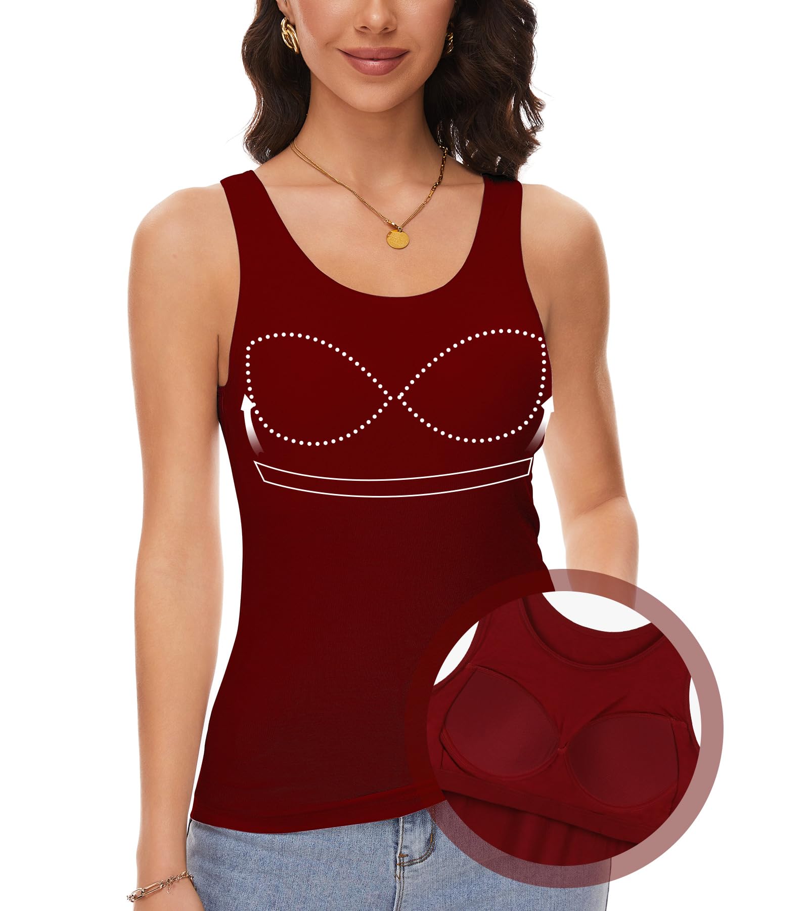 ANYFITTING Damen Unterhemd mit Integriertem BH Tank Top ärmellose Shirts Basic U-Ausschnitt Eingebauter BH Bügelloser Gepolstert Tank Tops Sommer Yoga S-3XL