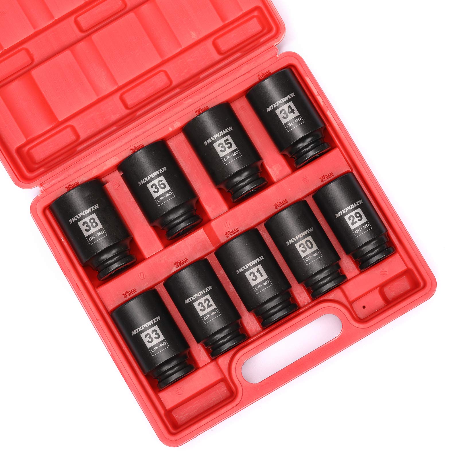 MIXPOWER Set di bussole a impatto profondo da 1/2", 6 punti, CR-MO, metriche, 29 mm-38 mm, 9 pezzi 1/2" Dr. Deep Spindle Axle Nut Impact Socket Set