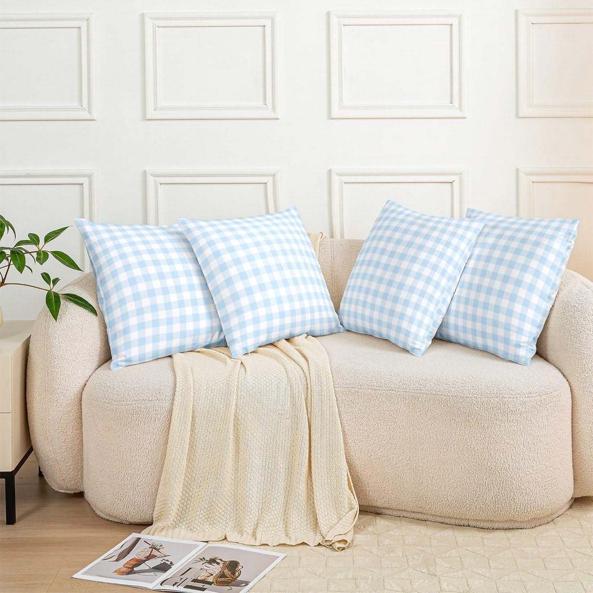Castle Fairy Gingham Print Double Sides Print Pillow Covers 22"x 22",Light Blue White Checkered Soft Square Cushion Cases,Modern Vintage Style Grid Plaid Throw Pillowcases for Decoratons Set of 2