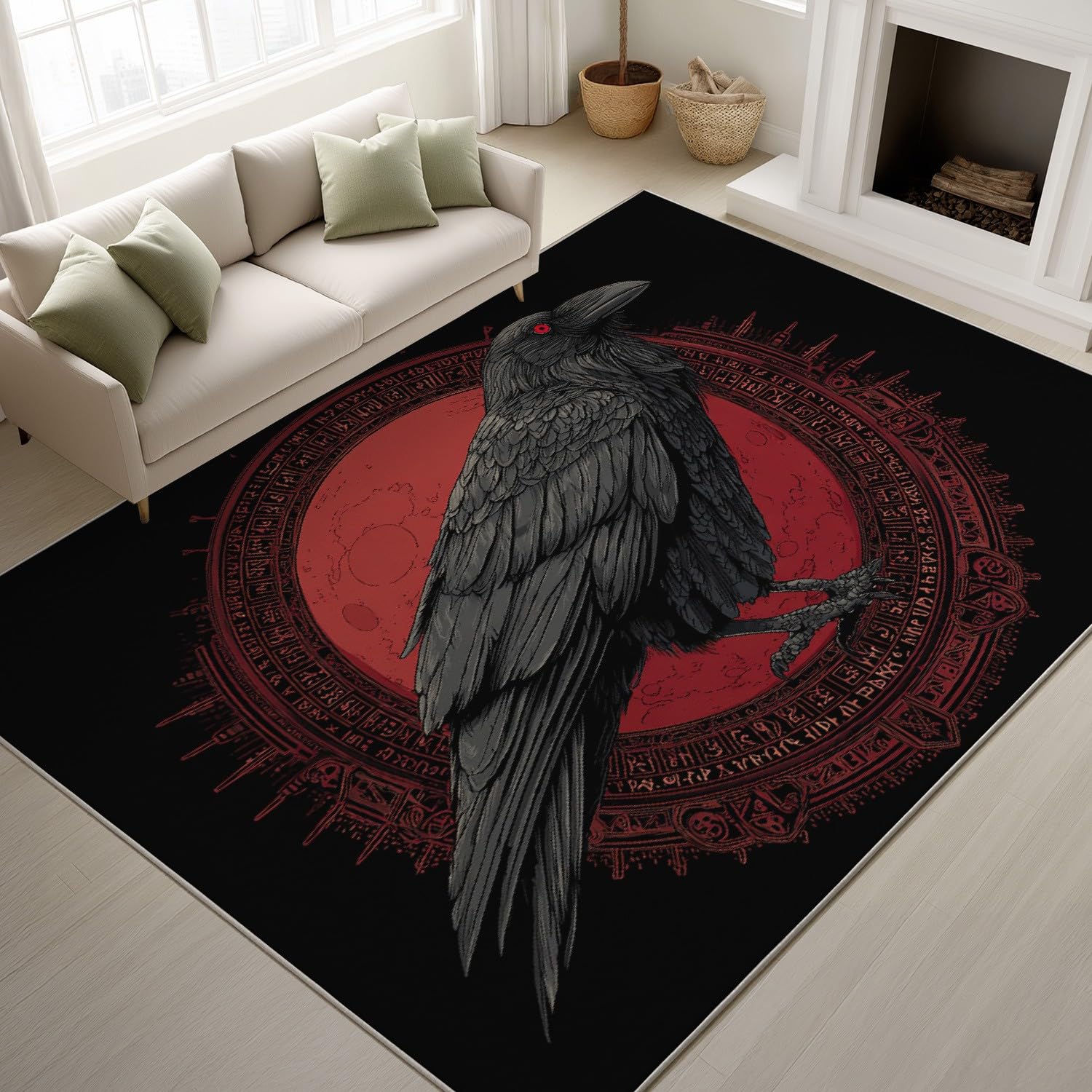 Generisch Dywan kuchenny Dark Fantasy Fantasy z krótkim włosiem, motyw zwierzęcy, motyw ptaka, podkładka antypoślizgowa, kruk, antyczne, runy, księżyc, łatwy w pielęgnacji, 50 x 80 cm, mata pod drzwi