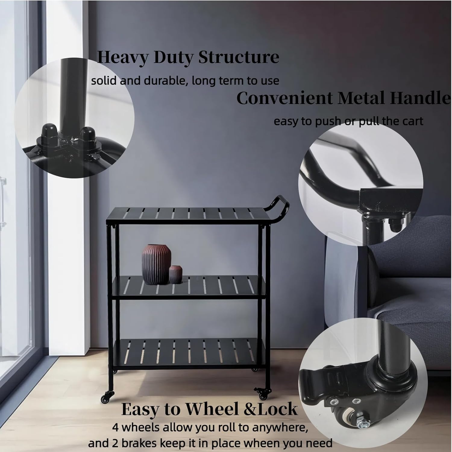 Modern Kitchen Bar Cart on Wheels Metal Rolling Serving Carts with 3 Tier for Storage Mobile Kitchen Island with Lockable Casters and Side Handle for Outdoor& Indoor -33.5 * 15.7 * 37.2inch(L*W*H)