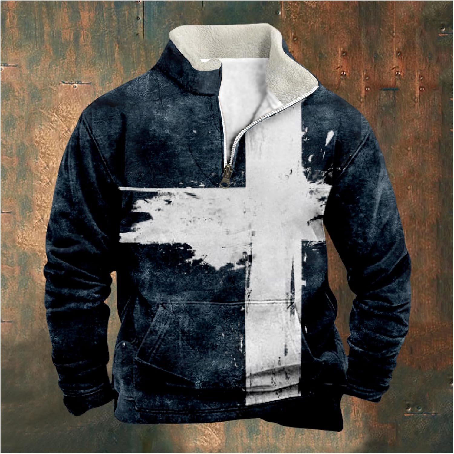 Hoodies For Men Wolf Print Long Sleeve Half Zip Pullover Big And Tall Graphic Winter Funny Outdoor Sweatshirt - Image 3