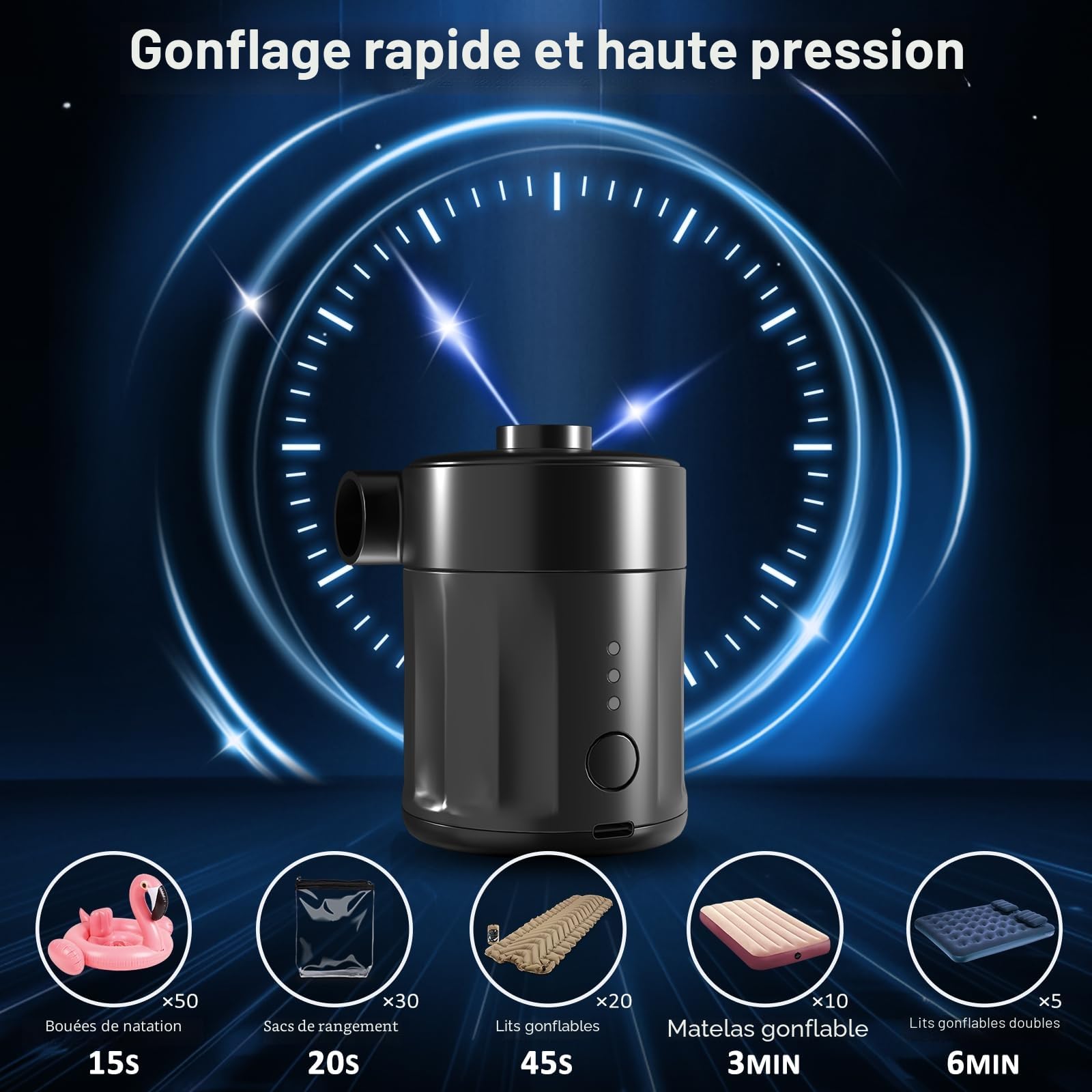 Mojimdo Pompe à Air Électrique Portable Rechargeable 2-en-1 avec 4 Embouts et Sac de Rangement pour Matelas Gonflable, Piscine