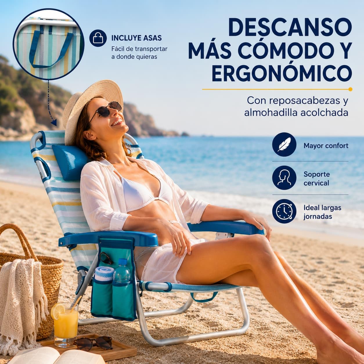 Silla Playa Plegable multiposición - con reposacabezas, Almohadilla y Bolso Lateral - Estructura de Aluminio Ligera y Tela Transpirable - Asas de Mano integradas