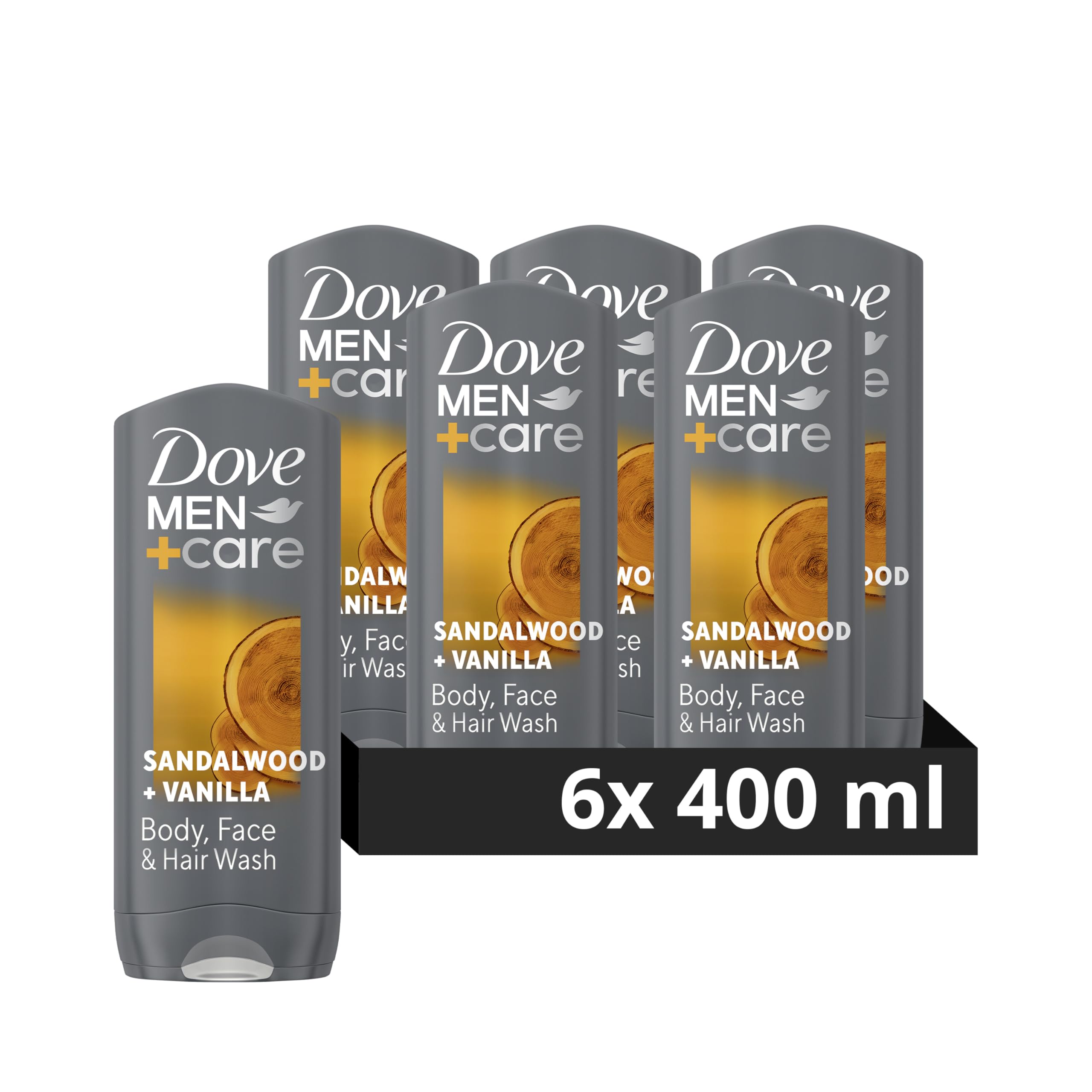 Dove Men+Care Sandalwood + Vanilla 3-in-1 Hair, Face and Body Wash Body Cleanser shower gel with MicroMoisture technology for 24 hour nourishment 6x 400 ml