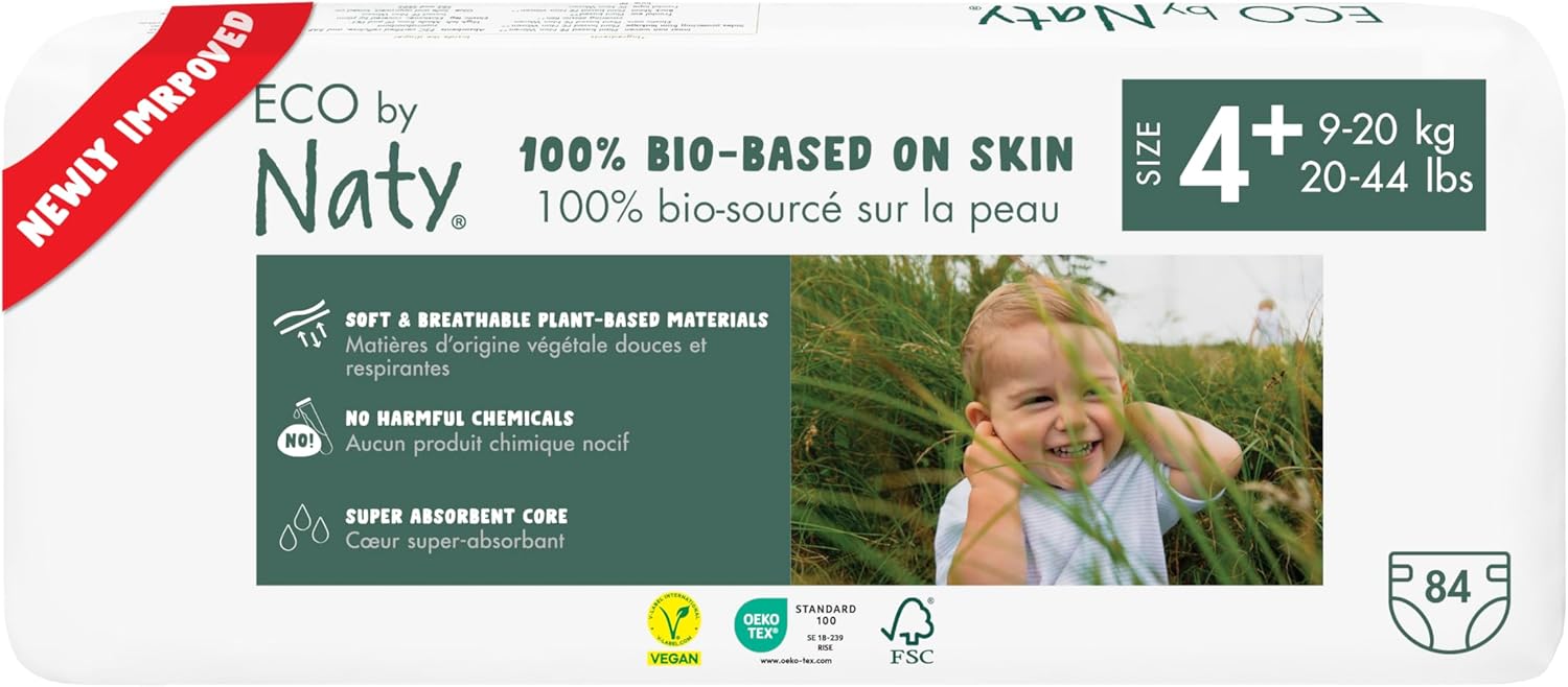 Eco by Naty Eco-Friendly Baby Nappies – 100% Plant-Based Materials on Skin, Soft, for Sensitive Skin & Super Absorbent (Size 4+, 84 Count)