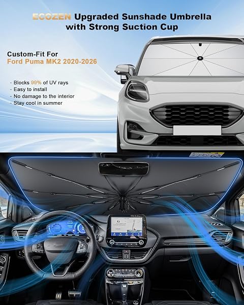 ECOZEN Ombrello Parasole Auto interno Ford Puma MK2 ST/ST-Line X 2020-2026 Schermo Copriparabrezza Schermo Raggi UV, Parasole pieghevole su misura Autoadesivo Parasole Pieghevole per Parabrezza - 2