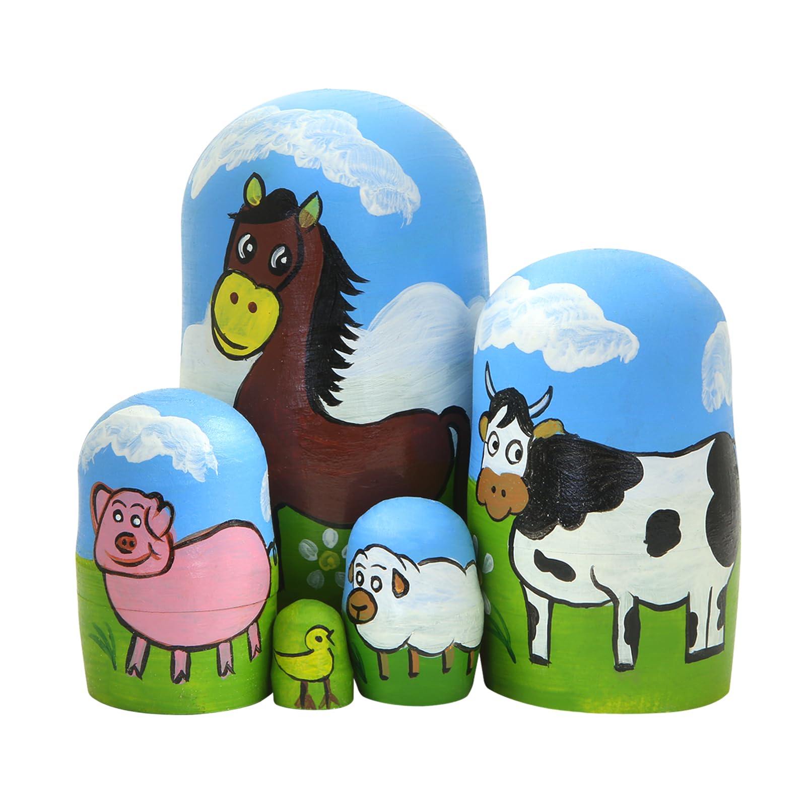 Boerni Set of 5 Farm Animals Wood Nesting Dolls,Animal Pattern Horse Cow Pig Sheep Duck Wooden Russian Matryoshka Dolls Stacking Toy Desk Ornament Babushka Home Decor for Kid Christmas Birthday Gift