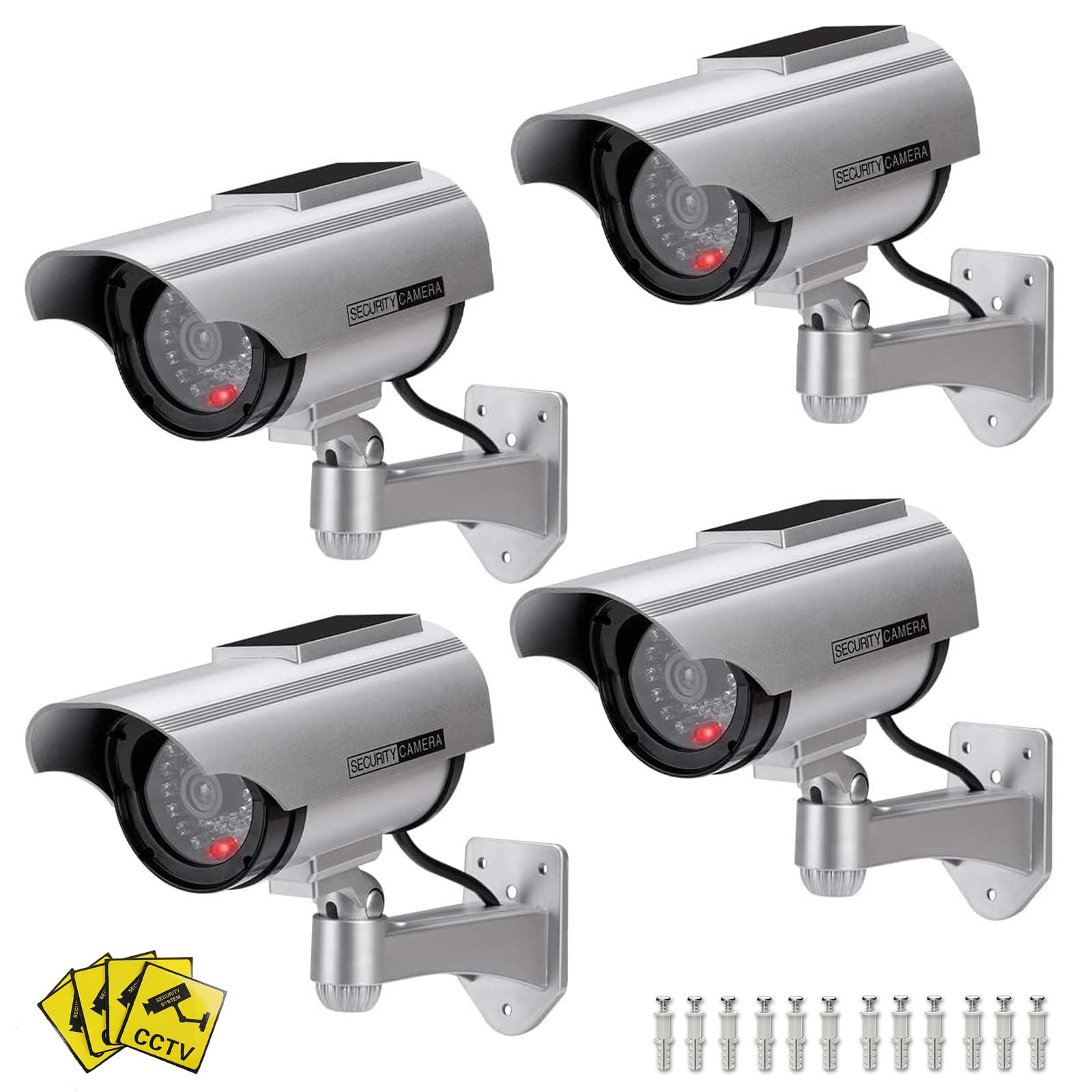 Kamera Attrappe mit Blinkendem LED, Solar Betriebene Simulierte Dummy Surveillance Sicherheit Kamera,Wasserdicht CCTV Dummy Überwachungskamera für den Innen-und Außenbereich (Silber-4)