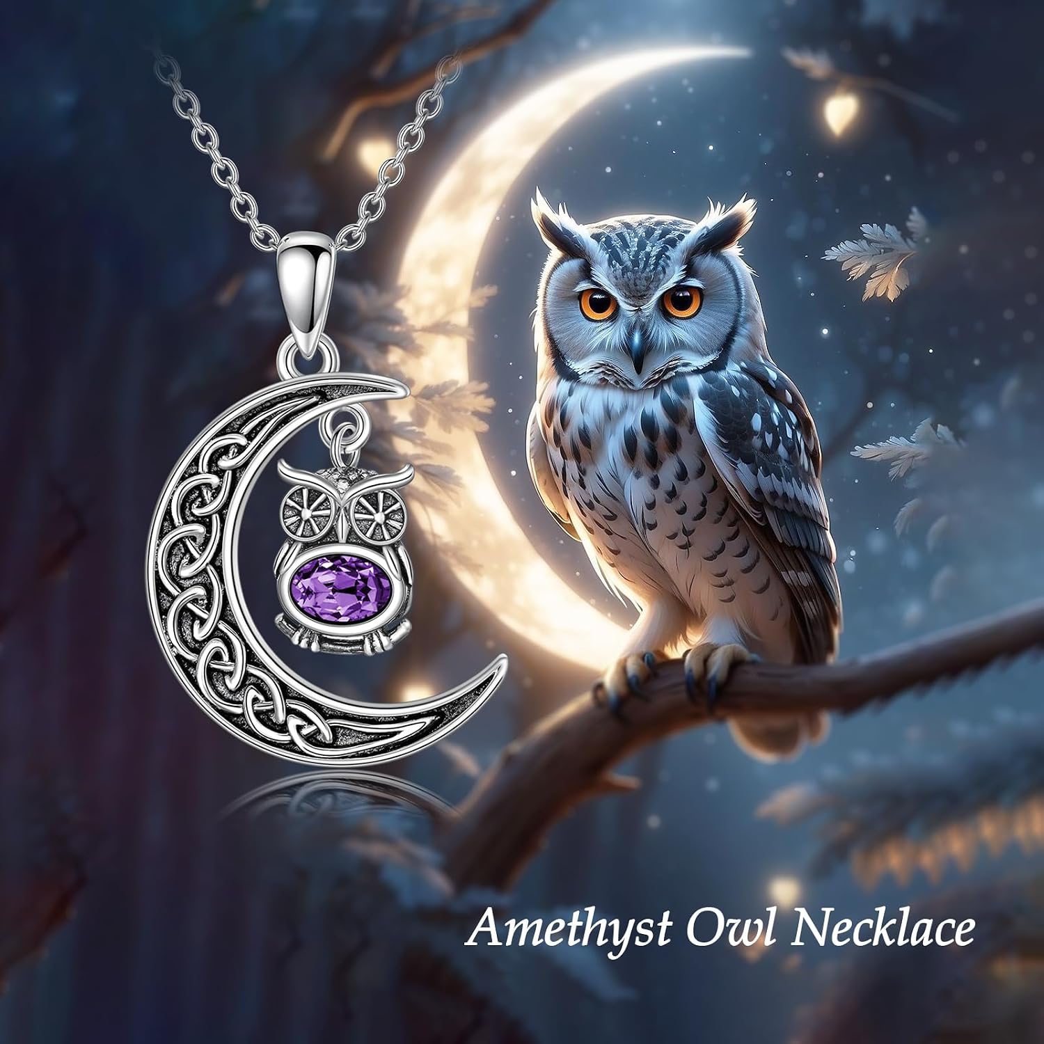Crescent Moon and Owl Necklace Sterling Silver, Genuine Amethyst Celtic Moon Pendant Boho Jewelry Vintage Birthday Christmas Gift for Her