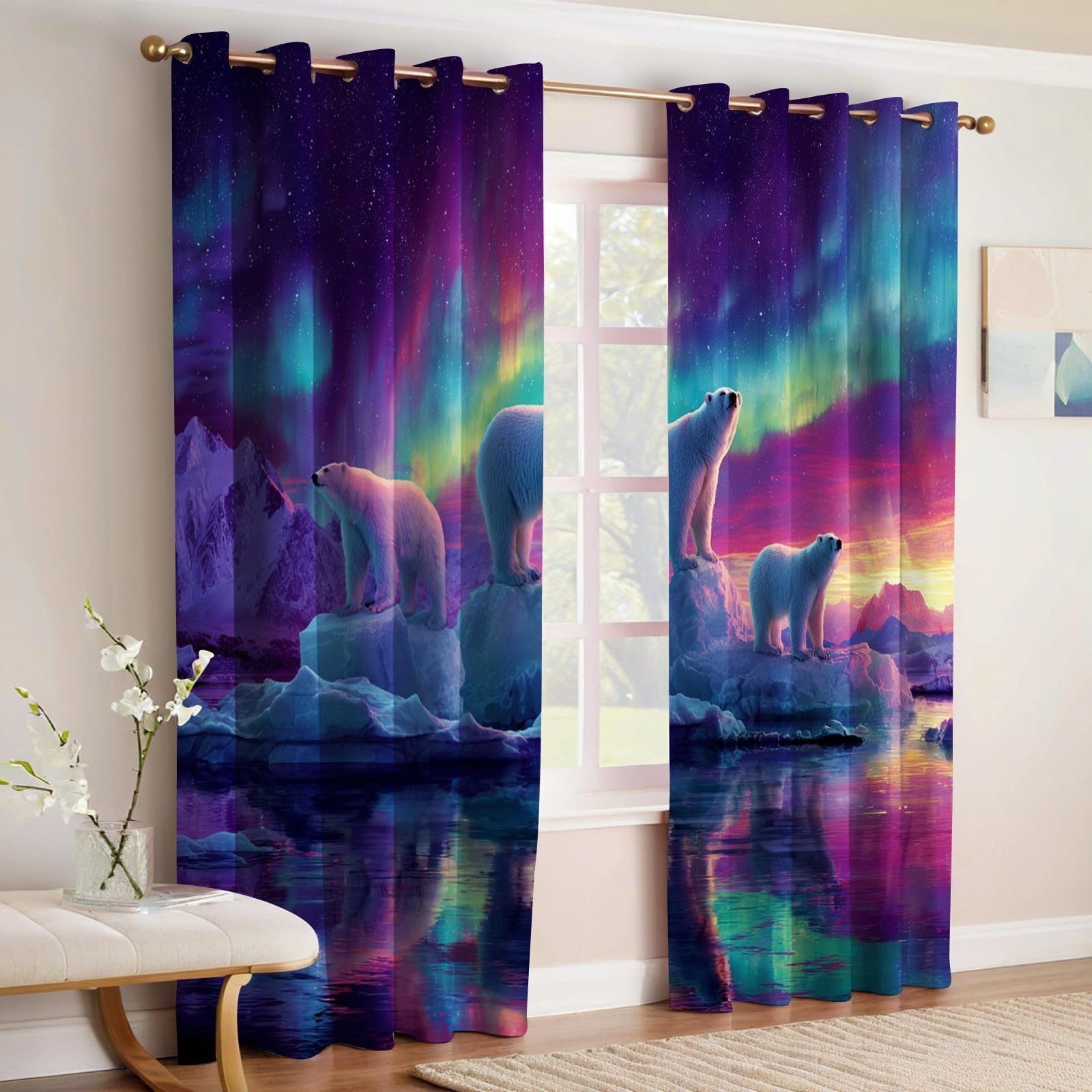 Zasłony zaciemniające z niedźwiedziem polarowym 2 x 130 x 215 cm (szer. x wys.) Zorza polarna, izolująca termicznie zasłona z oczkami, do pokoju dziecięcego, salonu, sypialni, zestaw 2 sztuk