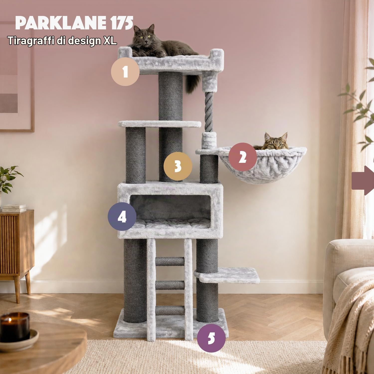 Petrebels Tiragraffi XXL in parco 175 colore grigio, Albero Tiragraffi per Gatto, tronchi extra spessi, 58 x 45 x 175 cm