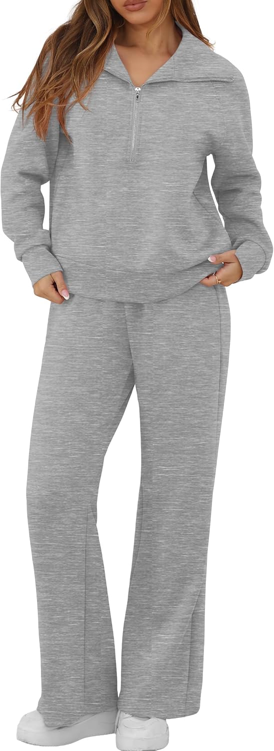 GRECERELLE Lounge Sets For Women 2026 Casual Lapel Half Zip Sweatshirt And Wide Leg Sweatpant 2 Piece Outfits Tracksuit Sets