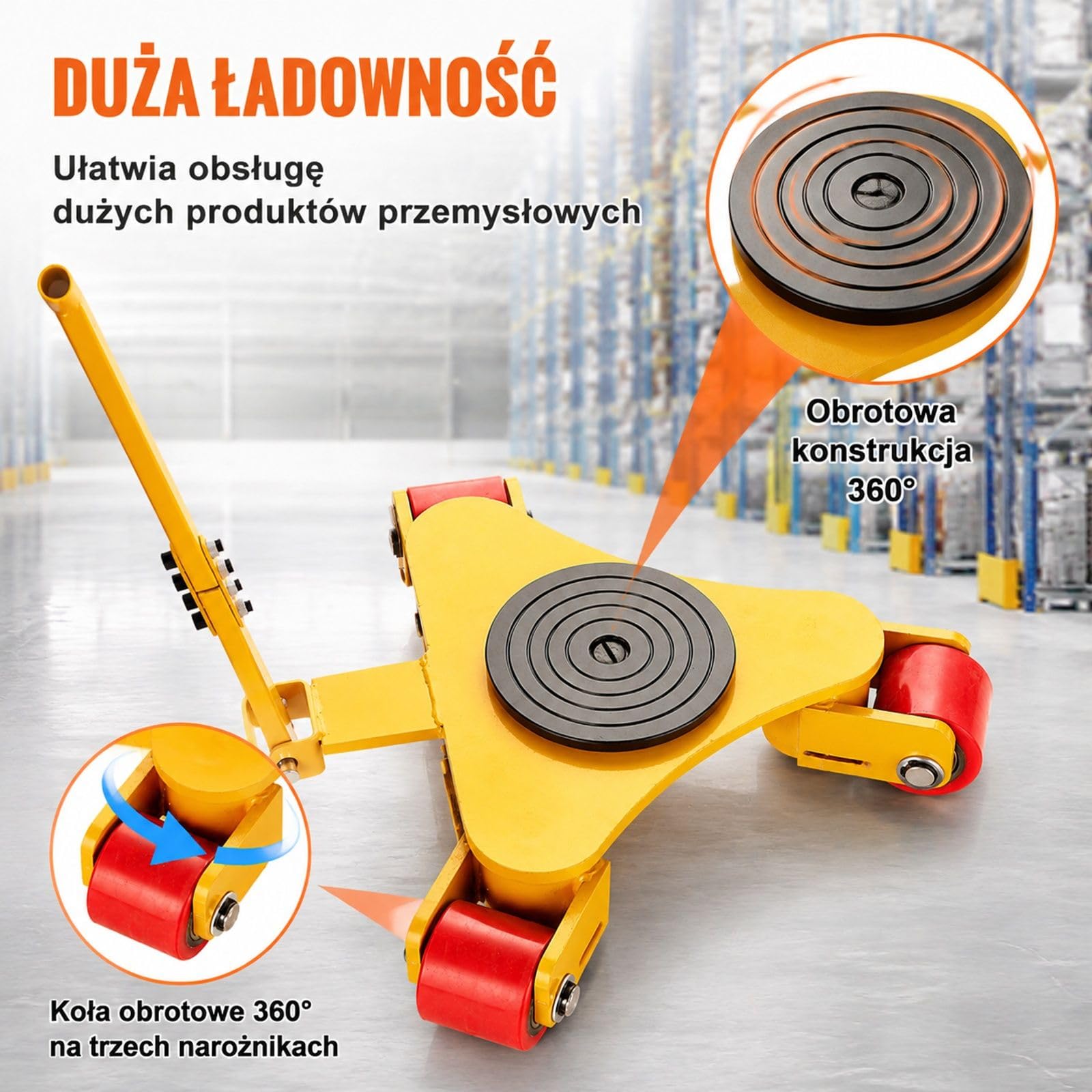 Wozek transportowy z uchwytem, stal weglowa do przenoszenia mebli z 3 skretnymi kolkami PU i plyta obrotowa do magazynu warsztatu fabryki