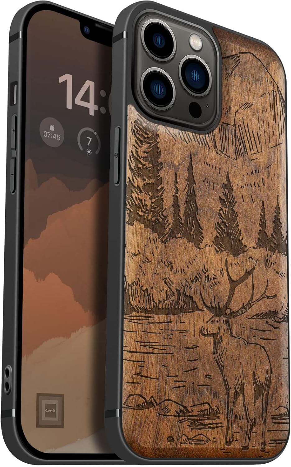 Carveit Magnetic Wood Case for iPhone 13 Pro Max [Natural Wood & Black Soft TPU] Unique Wooden Shockproof Protective Cover Compatible with magsafe (Mountains and Deer -Walnut)